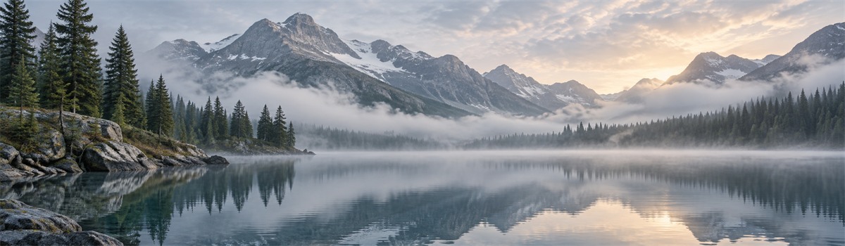 Mountains and pine trees reflected in a peaceful lake