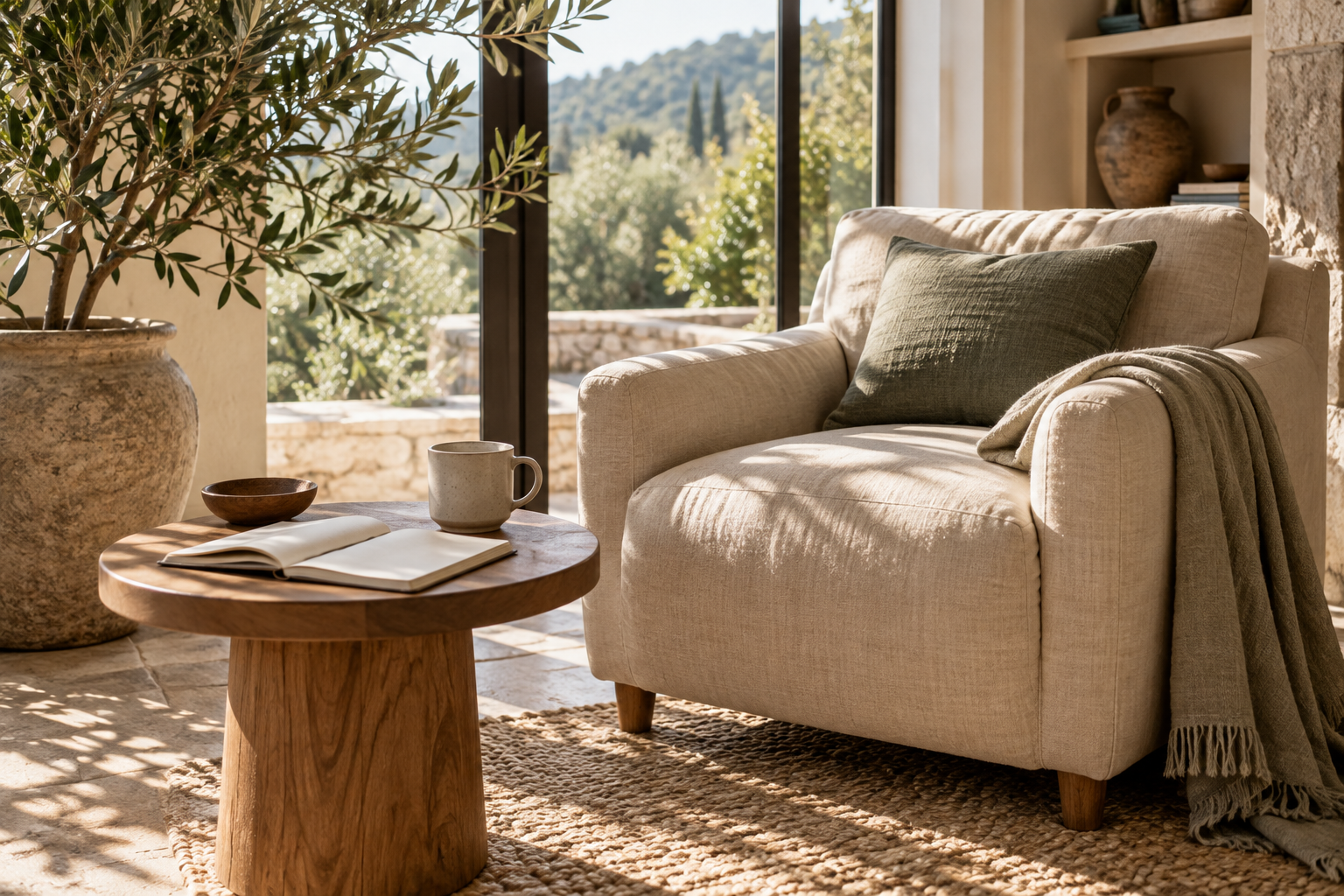 A bright reading corner with a comfortable armchair