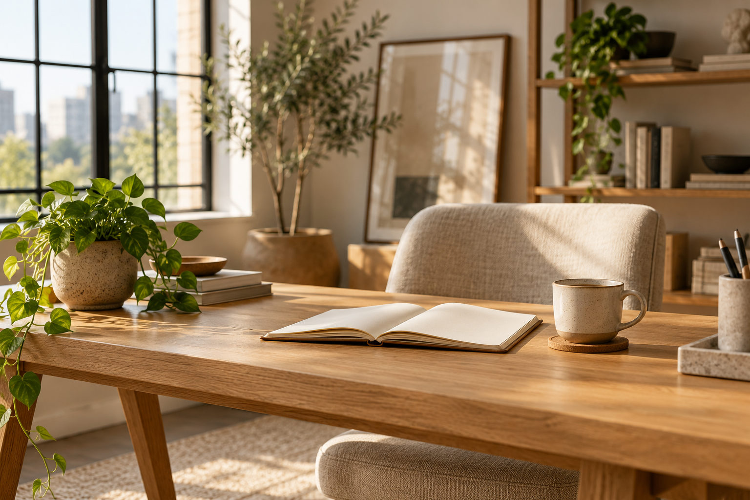 A sunlit creative studio desk